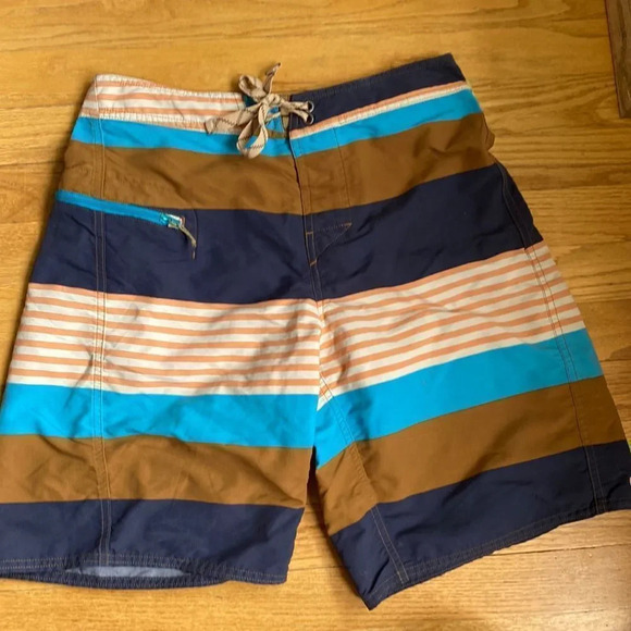 MENS sz 29 Patagonia swim trunks blue peach and brown stripes - Picture 1 of 5